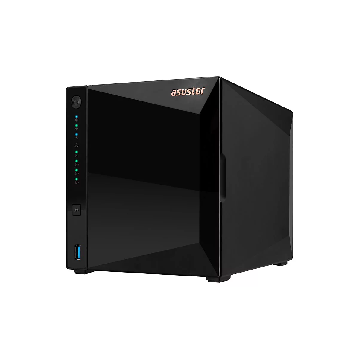Schwarzes NAS-System von Asustor. Auf der Front LEDs und USB-Anschluss.