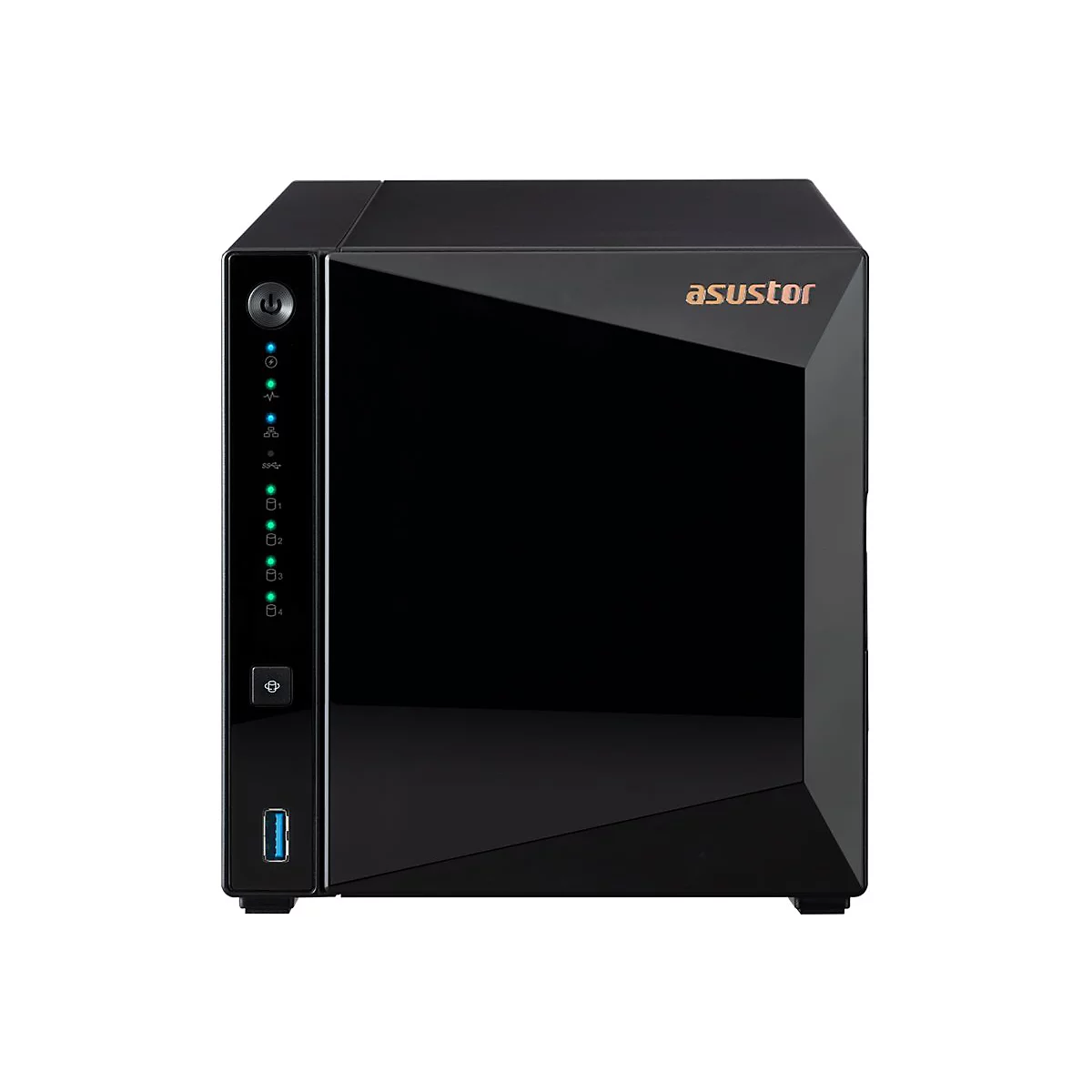 Schwarzer Asustor NAS-Server mit glänzender Frontplatte, leuchtenden Status-LEDs und USB-Anschluss.