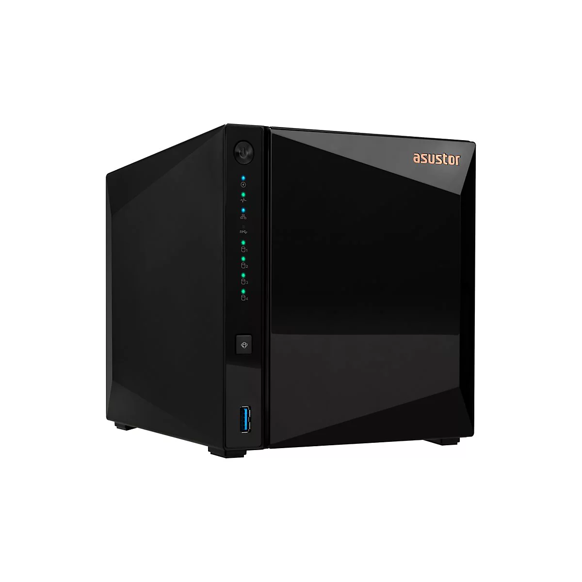 Schwarzes Asustor NAS-Gehäuse mit glänzender Front, blauem USB-Anschluss und grünen Status-LEDs auf weißem Grund.