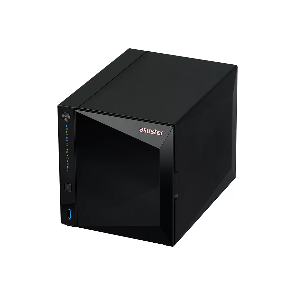 Schwarzer Asustor NAS-Server, würfelförmig, mit leuchtenden grünen LEDs auf der Vorderseite vor weißem Hintergrund.