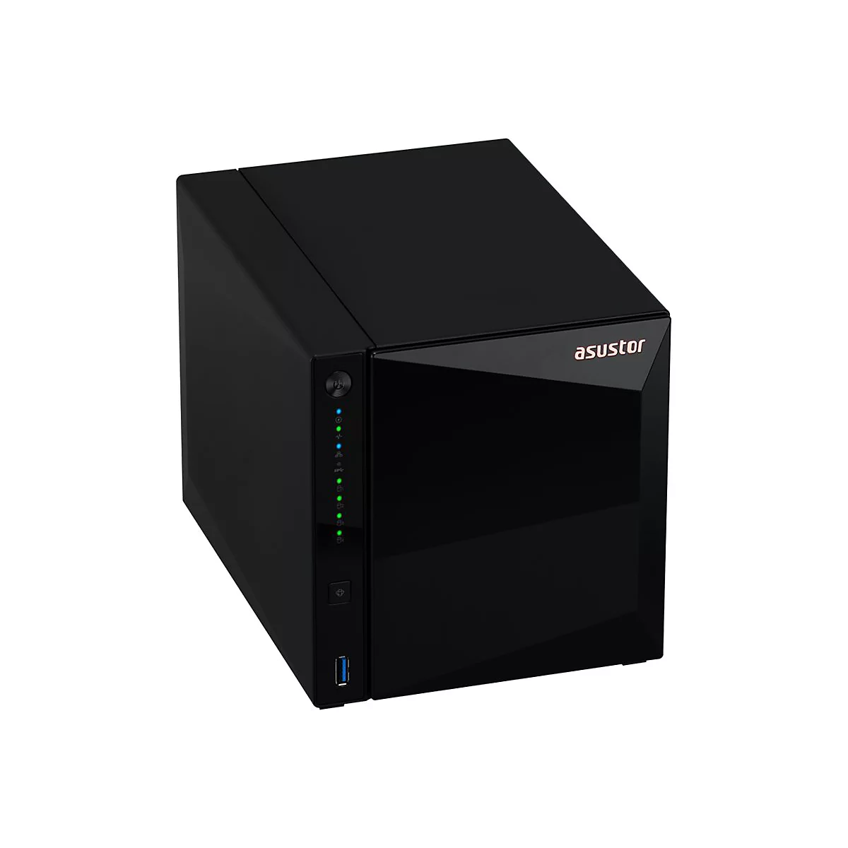 Schwarzes, würfelförmiges Asustor NAS-Gerät vor weißem Hintergrund mit leuchtenden LED-Anzeigen und USB-Port.