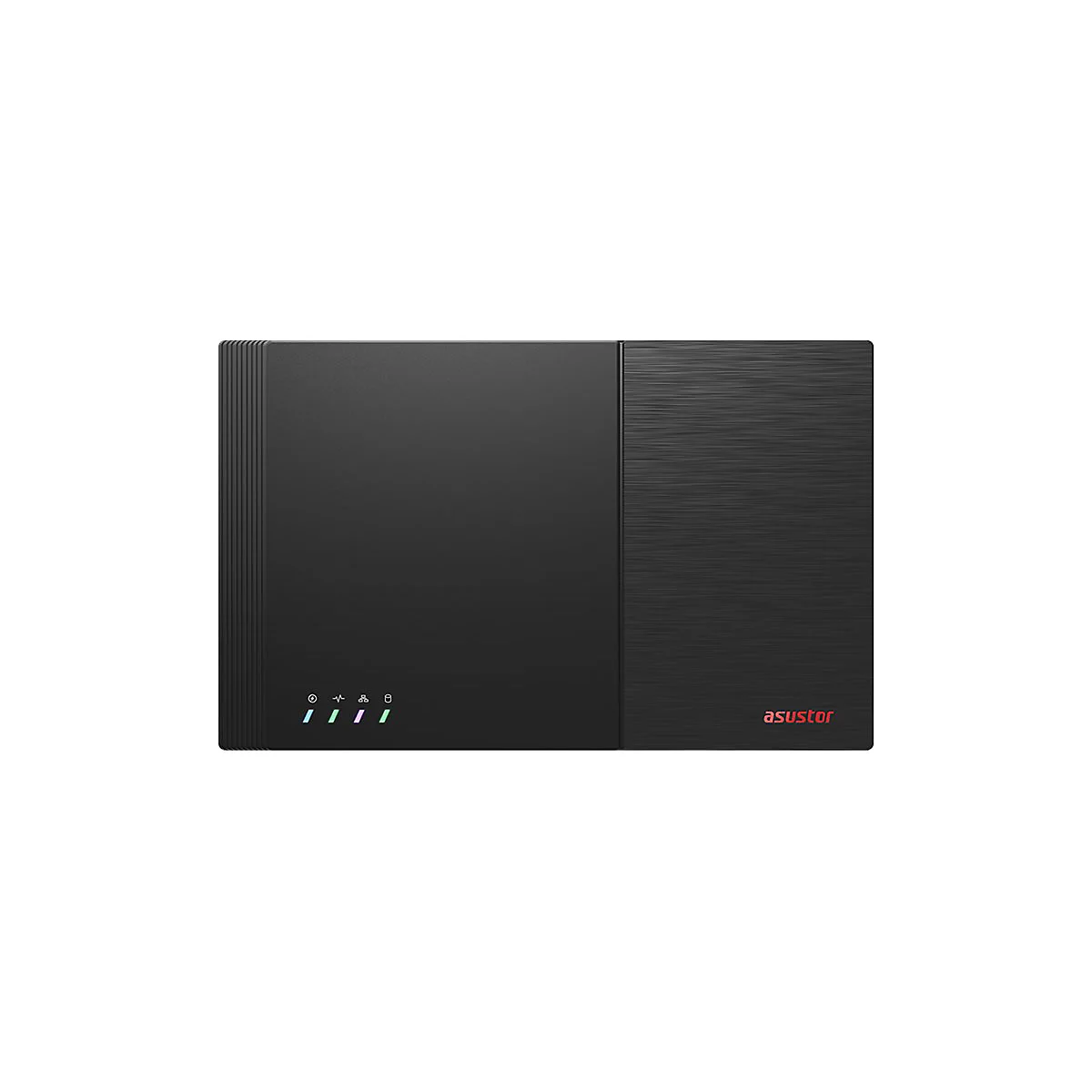 Schwarzer NAS-Server, unterteilt in zwei Bereiche. Auf der rechten Seite steht der Schriftzug asustor in Rot. Unten vier leuchtende Icons.
