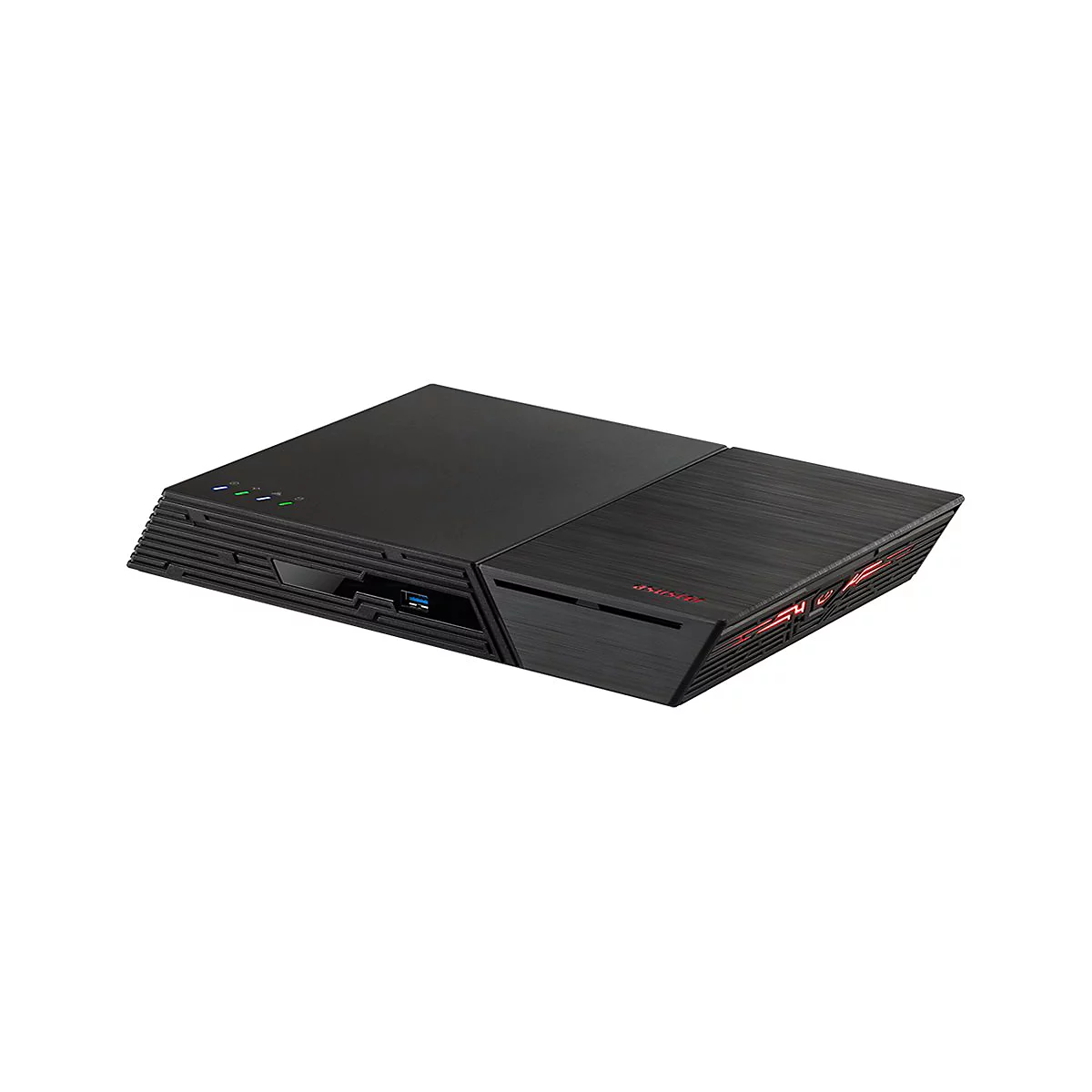 Schwarzer PC-Desktop mit leuchtenden LEDs und roter Schrift.