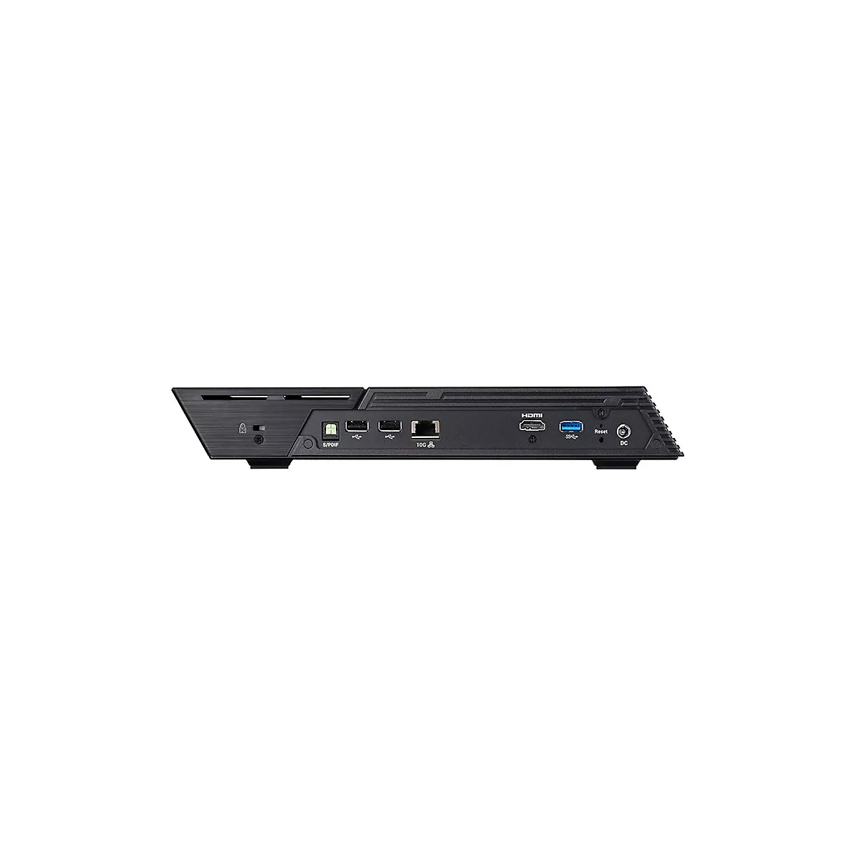 Rückseite eines schwarzen elektronischen Geräts mit verschiedenen Anschlüssen wie USB, HDMI und einem 10G-Netzwerkport.