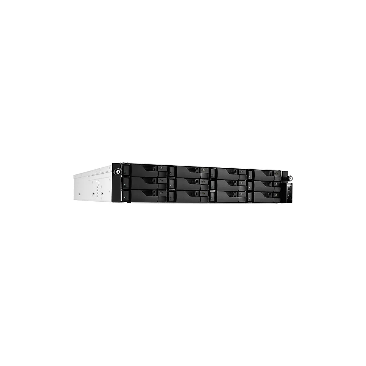 Rack-Server-Gehäuse mit zwölf Festplatteneinschüben vor weißem Hintergrund.