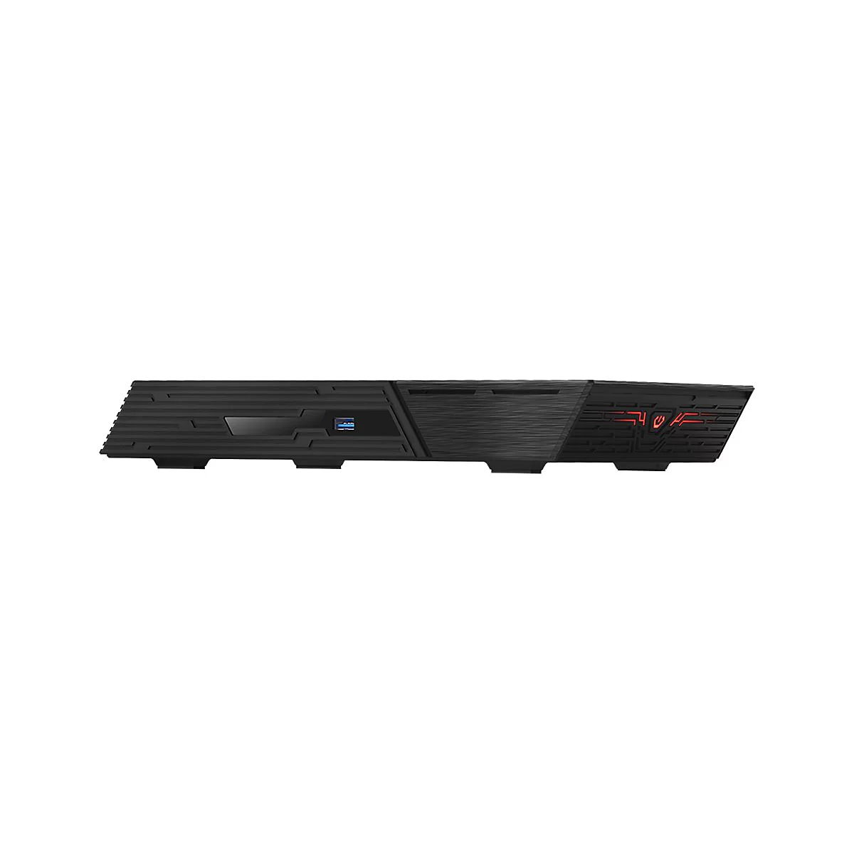 Schwarzes, flaches Gaming-Gehäuse in horizontaler Ausrichtung mit USB-Anschluss und rot leuchtendem Power-Button.