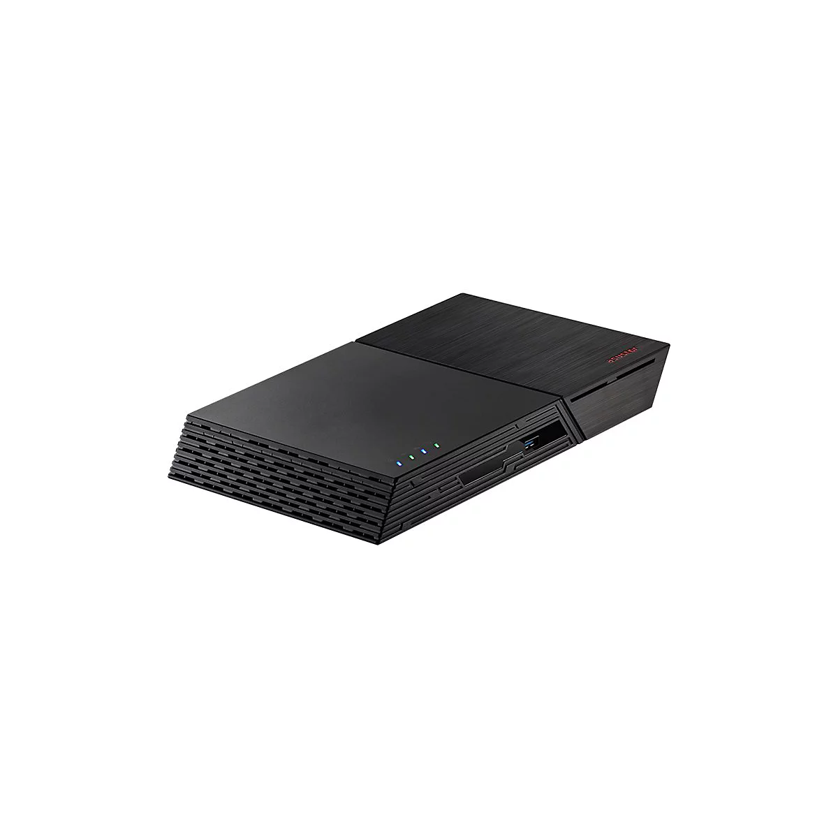 Schwarzes Asustor NAS-Gehäuse mit gerippten Seiten, leuchtenden LED-Statusanzeigen und USB-Port.