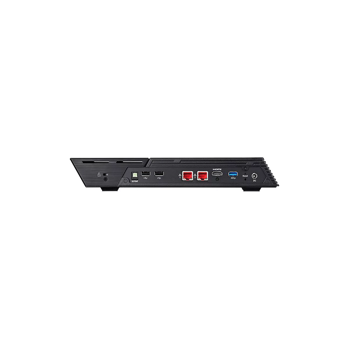 Schwarzes Gerät mit verschiedenen Anschlüssen, darunter HDMI, USB und Ethernet, auf weißem Hintergrund.