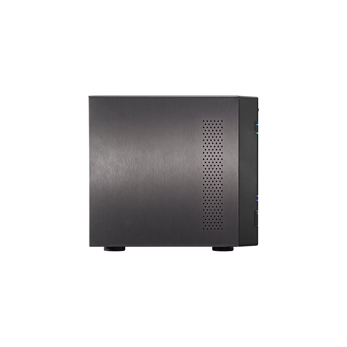Seitenansicht eines schwarzen PC-Gehäuses. Auf einer Seite befindet sich ein Lochmuster, auf der anderen LED-Leuchten.
