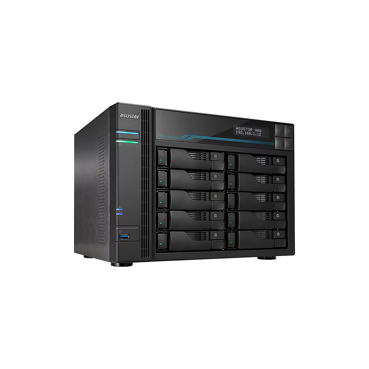 Schwarzes NAS-System mit mehreren Einschüben für Festplatten. Oben ein Display mit Netzwerkdaten, darunter Steckplätze für Festplatten.