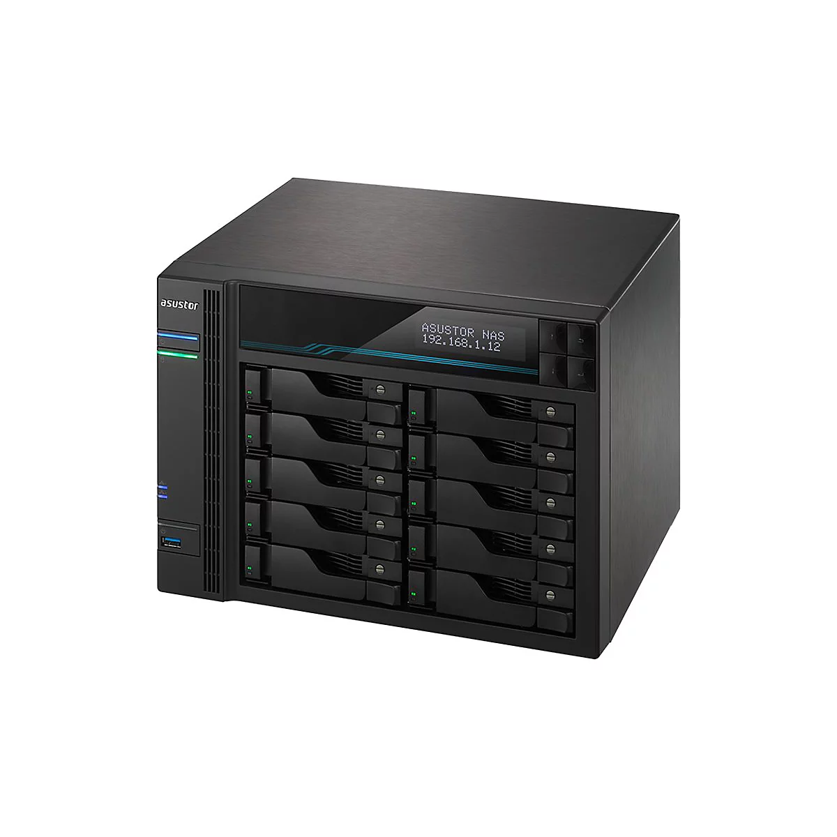 Schwarzes ASUSTOR NAS-Gerät mit Display, geöffneten Festplattenschächten und blauen/grünen LED-Leuchten.