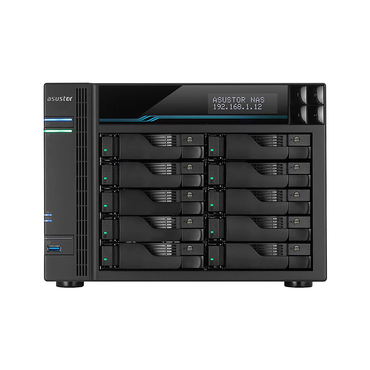 Schwarzer Asustor NAS-Server mit 10 Laufwerkseinschüben, LCD-Display und Statusleuchten vor weißem Hintergrund.