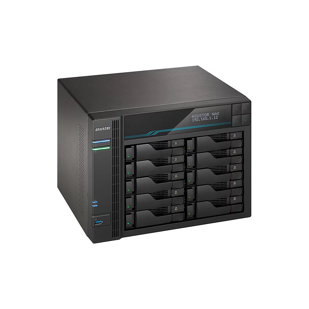 Schwarzes Asustor NAS-Gehäuse mit 10 Festplatteneinschüben und LCD-Display auf weißem Hintergrund.