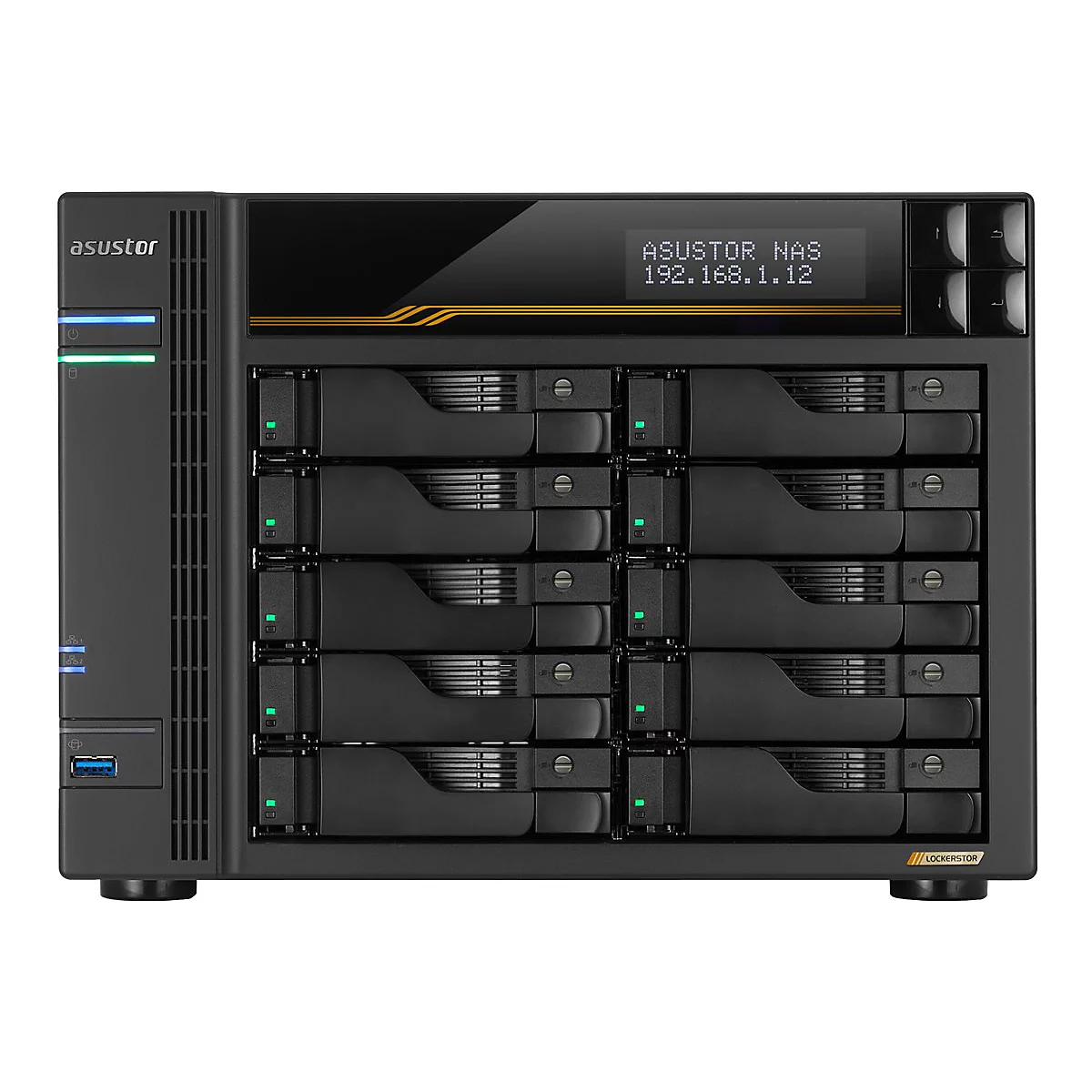 Schwarzer Asustor NAS-Server mit 10 Festplatteneinschüben und LCD-Display vor weißem Hintergrund.