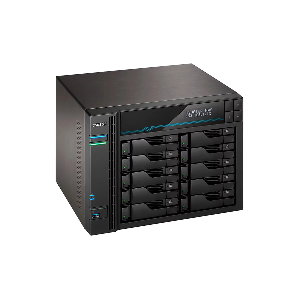 Schwarzes NAS-System von Asustor mit Display, Anschlüssen und Laufwerksschächten.