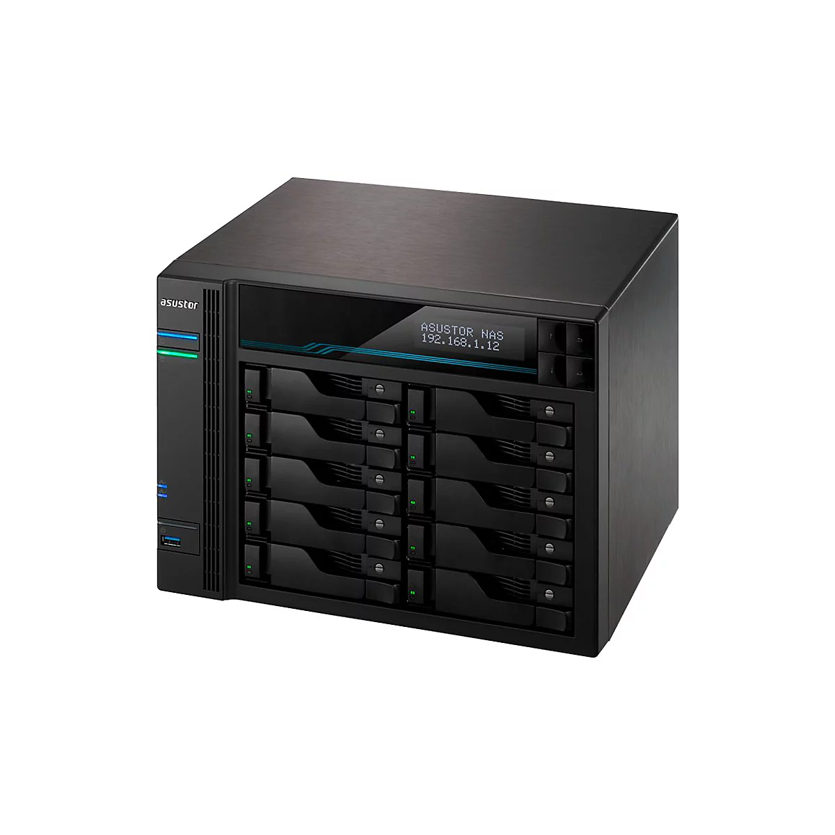 Schwarzer NAS-Server mit Laufwerksschächten. Auf einem Display steht: ASUSTOR NAS 192.168.1.12