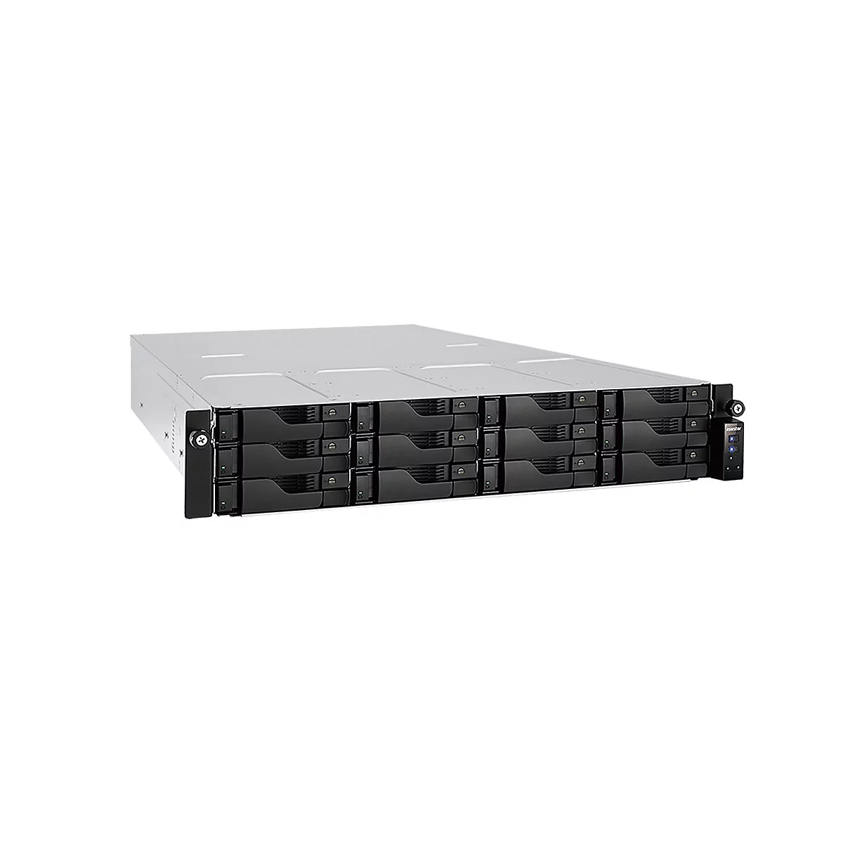 Ein silbernes Asustor NAS-Gehäuse für den Rack-Einbau mit zwölf Festplatteneinschüben vor weißem Hintergrund.