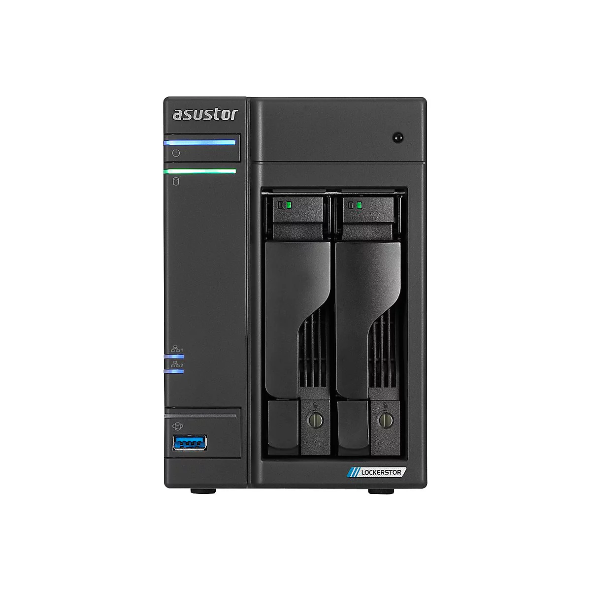 Schwarzer Asustor NAS-Server mit zwei Laufwerksschächten vor weißem Hintergrund.