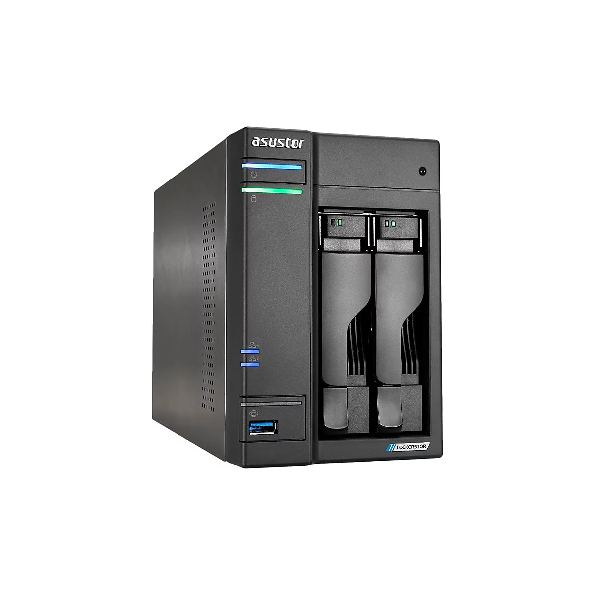 Schwarzes NAS-Gerät, Asustor Lockerstor, mit blauen und grünen LEDs und USB-Anschluss.