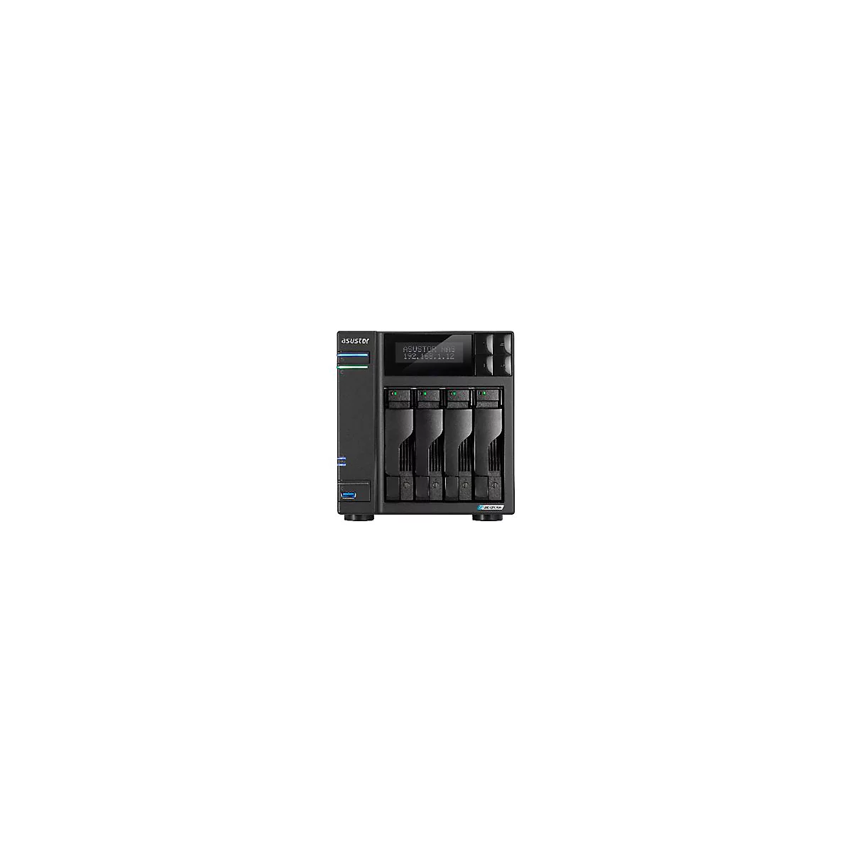 Schwarzer Asustor NAS-Server mit vier Festplatteneinschüben, LCD-Display und leuchtenden LEDs auf weißem Grund.