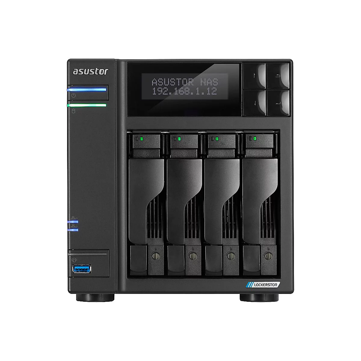 Schwarzes Asustor NAS-Gehäuse mit vier Laufwerksschächten, LCD-Display und leuchtenden Status-LEDs.