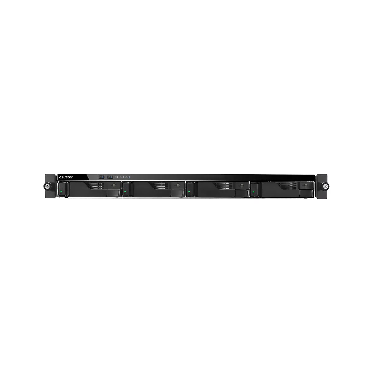 Schwarzes NAS-System von Asustor mit sechs Festplatten-Einschüben, im Rack-Format.