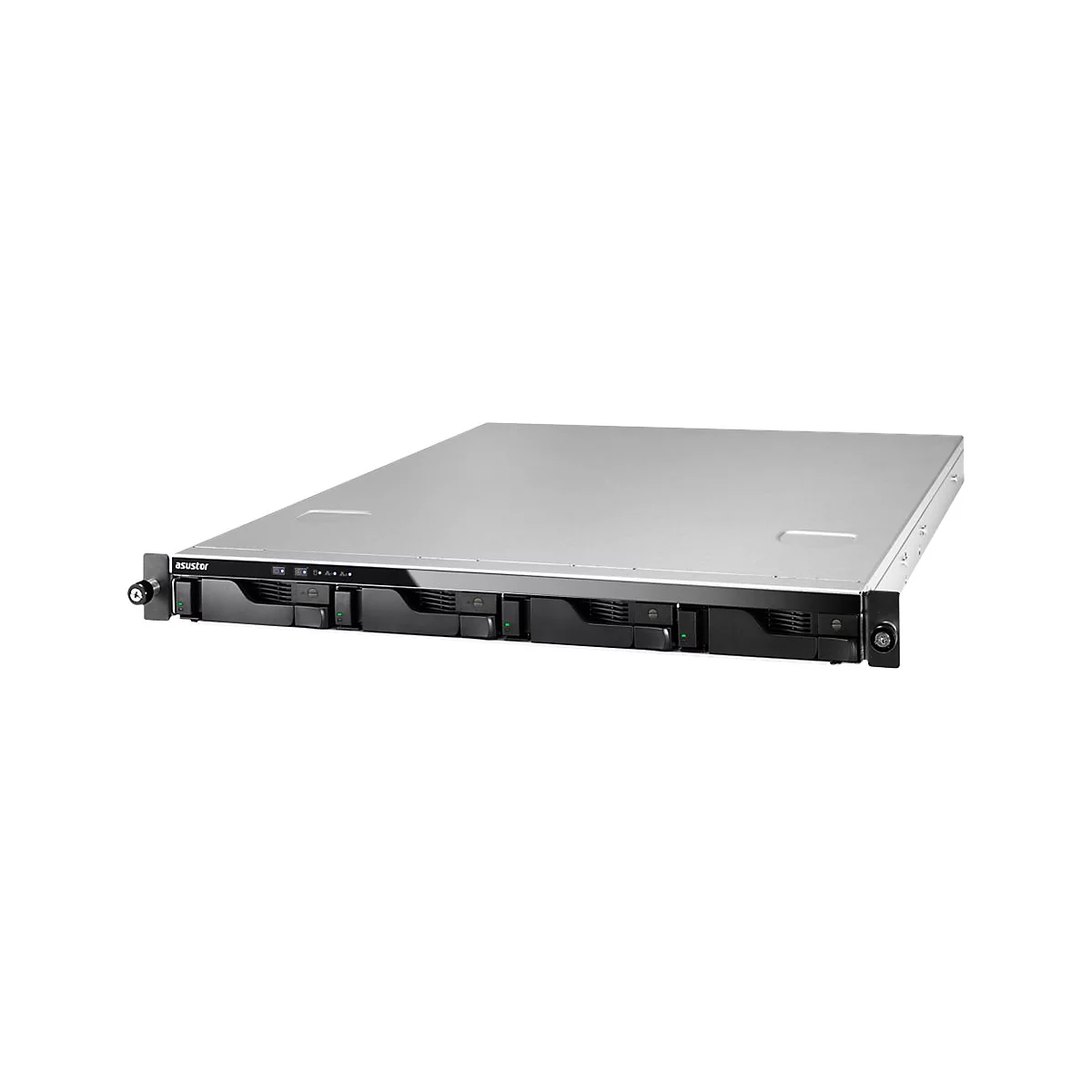 Ein Server, silberne Abdeckung mit schwarzer Front, "asustor" Logo.