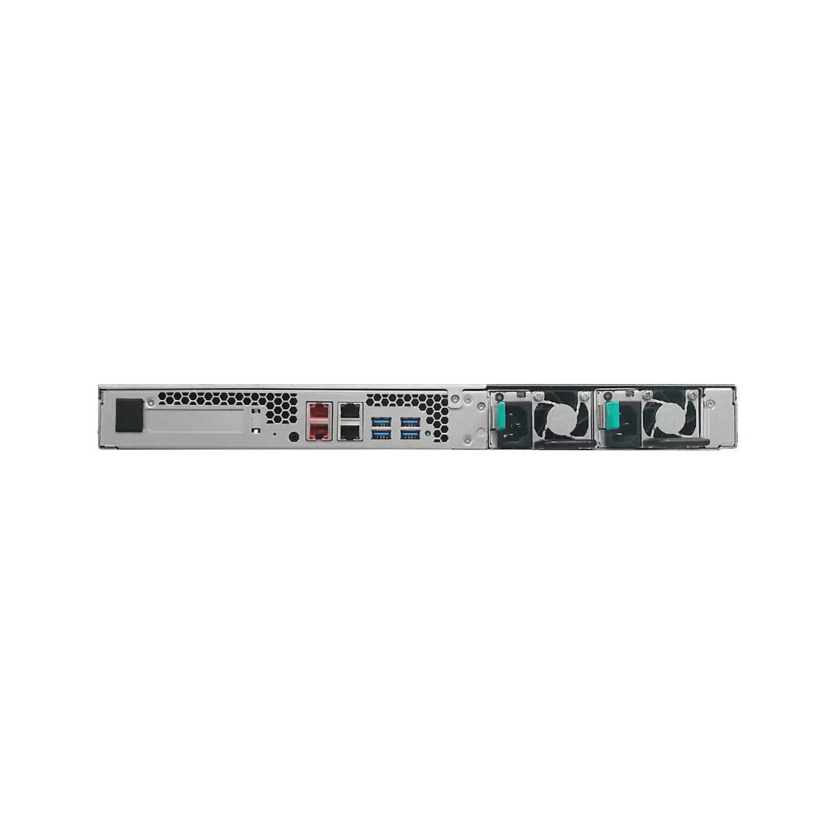 Rückseite eines silberfarbenen Servers mit Anschlüssen und Lüftern.