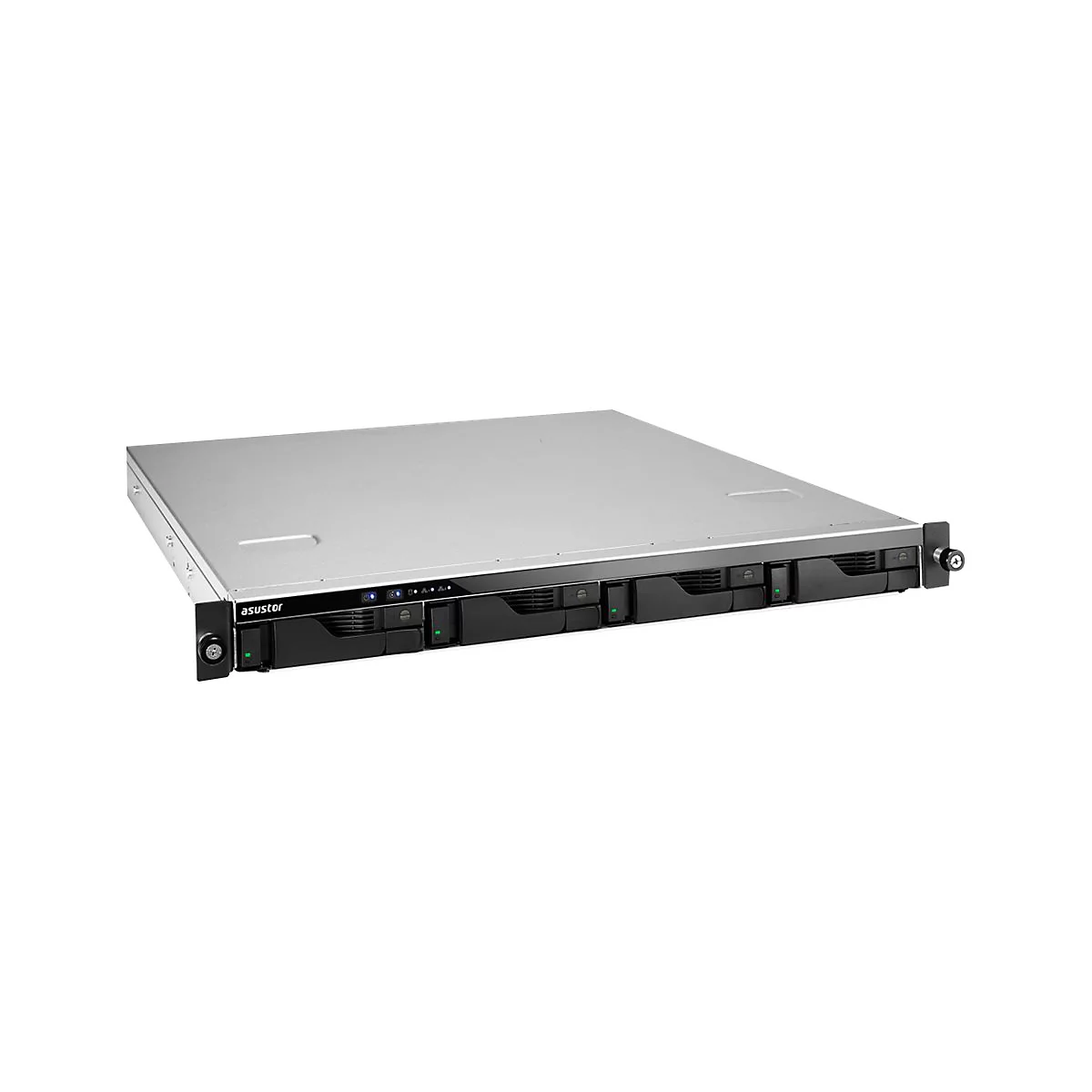 Asustor Rackmount-NAS in flachem, silbernem Design mit schwarzer Frontblende und mehreren Festplatteneinschüben.