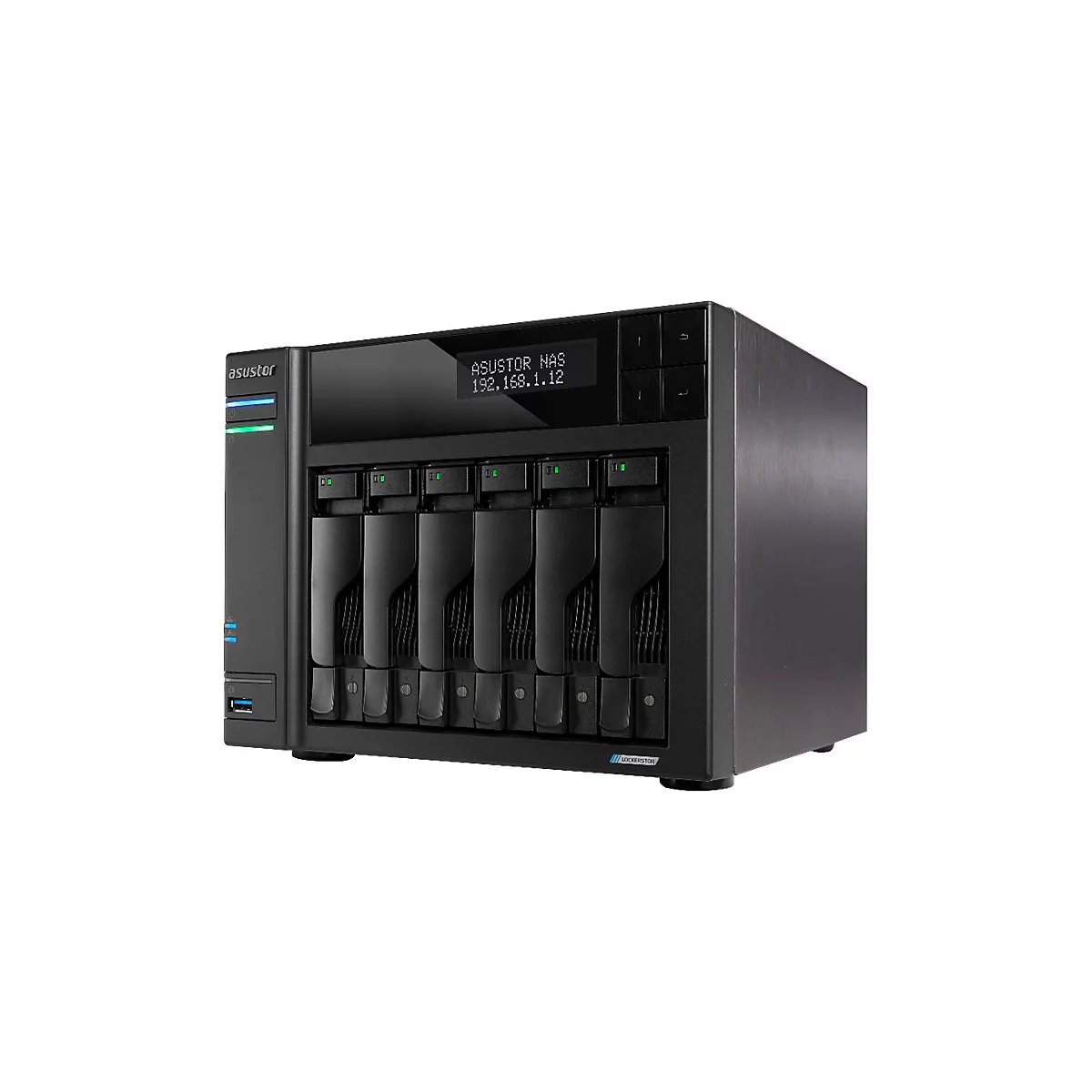 Schwarzer Asustor NAS-Server mit sechs Festplatteneinschüben und LCD-Display auf weißem Hintergrund.