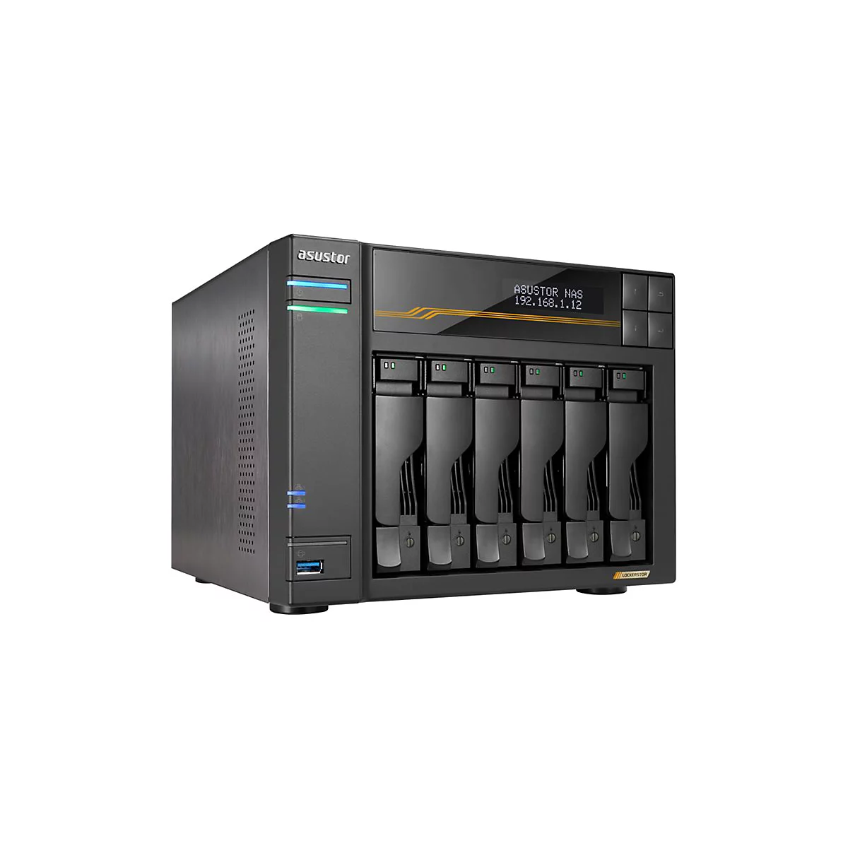Schwarzes NAS-System von Asustor mit sechs Laufwerksschächten und einem Display mit Anzeige.