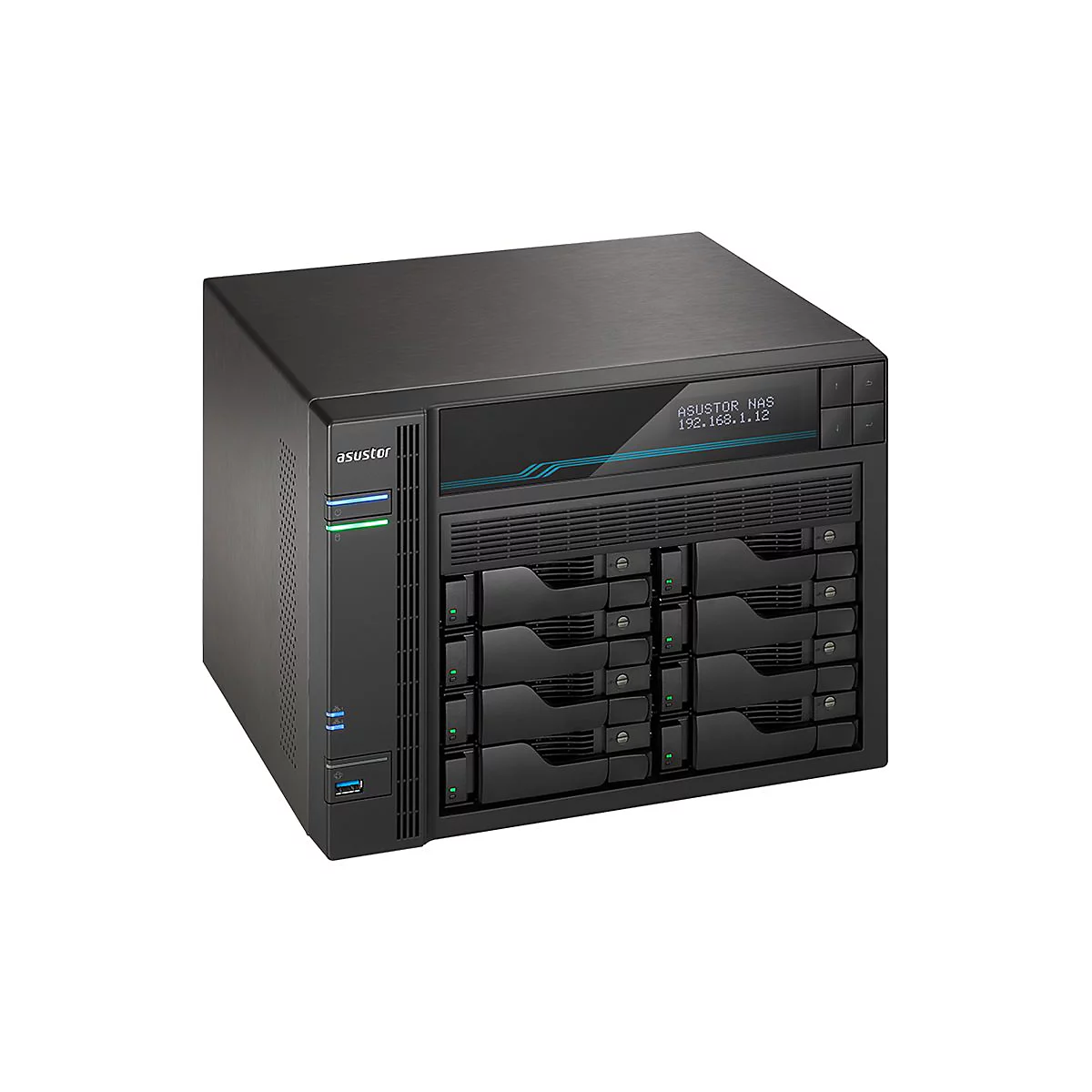 Schwarzes NAS-Gerät von Asustor, sechs Festplatten-Einschübe, Display mit IP-Adresse.