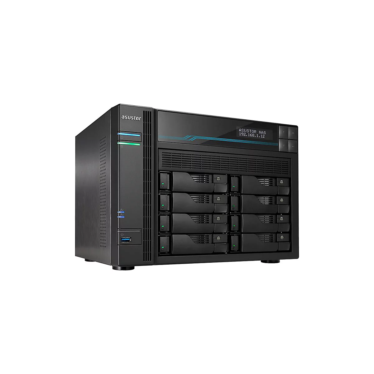 Schwarzer NAS-Server mit Einschüben für Festplatten, blau-grünen LEDs und einem Display mit IP-Adresse.