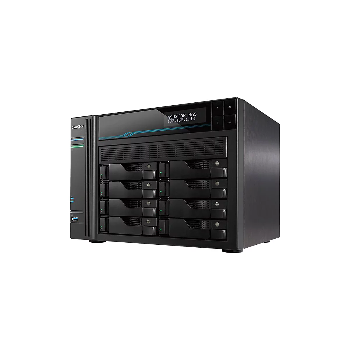Ein schwarzes NAS-System mit Laufwerkschächten, 'ASUSTOR NAS' Anzeige.