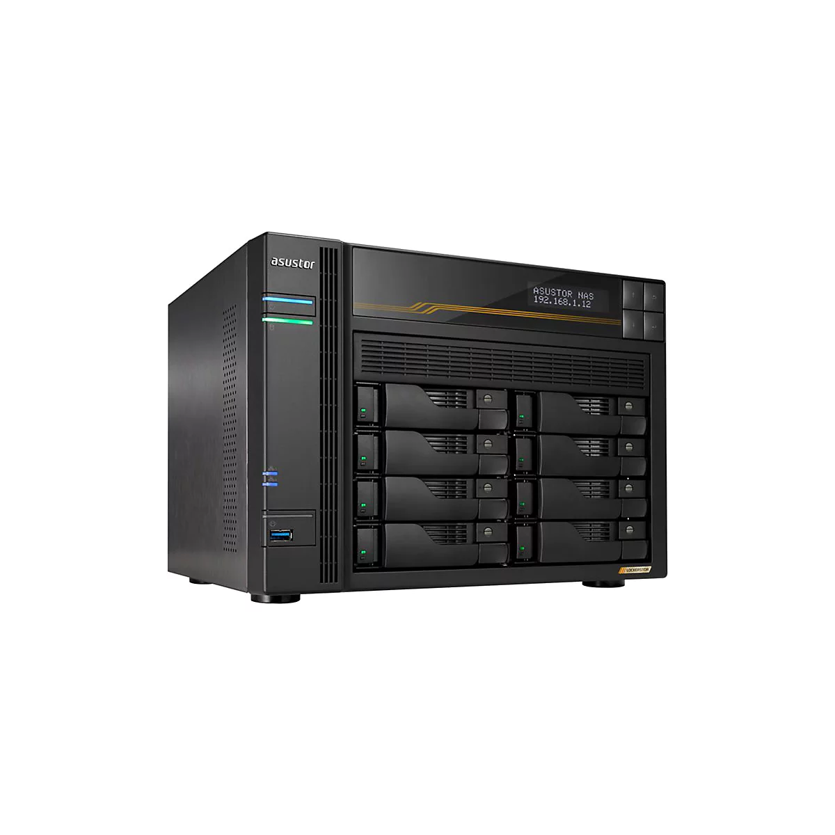 Schwarzer ASUSTOR NAS Server mit 8 Festplatteneinschüben, auf denen Informationen angezeigt werden.