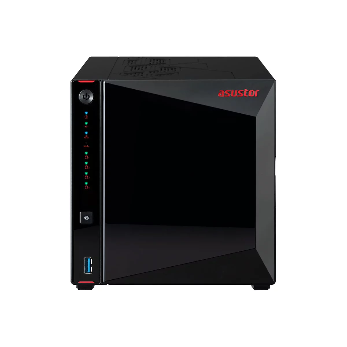 Schwarzer Asustor NAS-Server mit glänzender Front, LED-Statusleuchten und USB-Anschluss vor weißem Hintergrund.