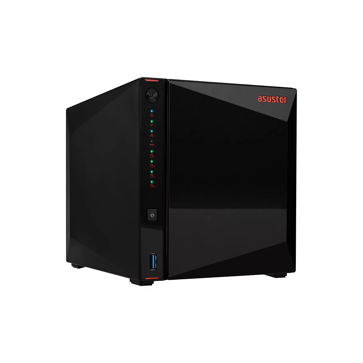 Schwarzer NAS-Server mit rotem Schriftzug "asustor" und Bedienfeld mit LEDs.