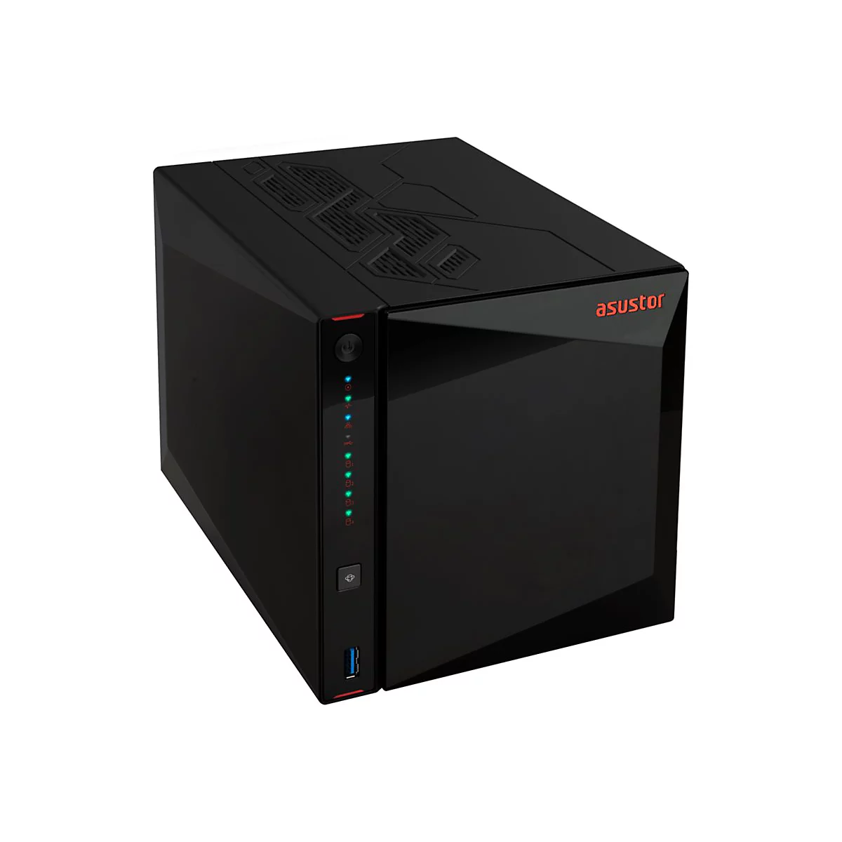 Schwarzes NAS-Gerät mit rotem "asustor" Logo. LED-Anzeigen leuchten. USB-Anschluss an der Front.