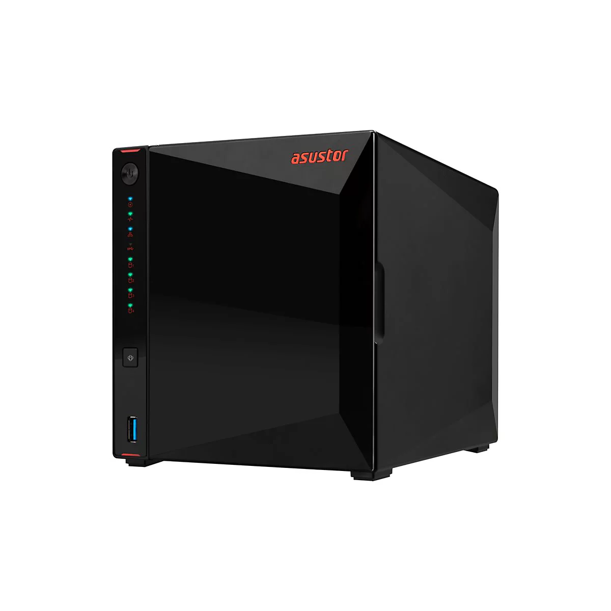 Schwarzer NAS-Server von Asustor mit blauen und grünen LED-Anzeigen.