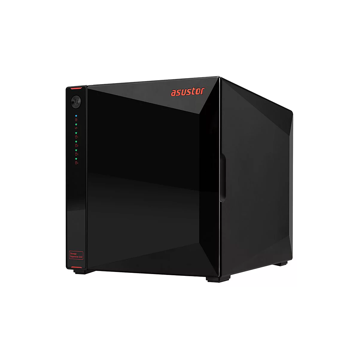 Schwarzer, quaderförmiger Asustor NAS-Speicherserver mit glänzender Front und Status-LEDs.