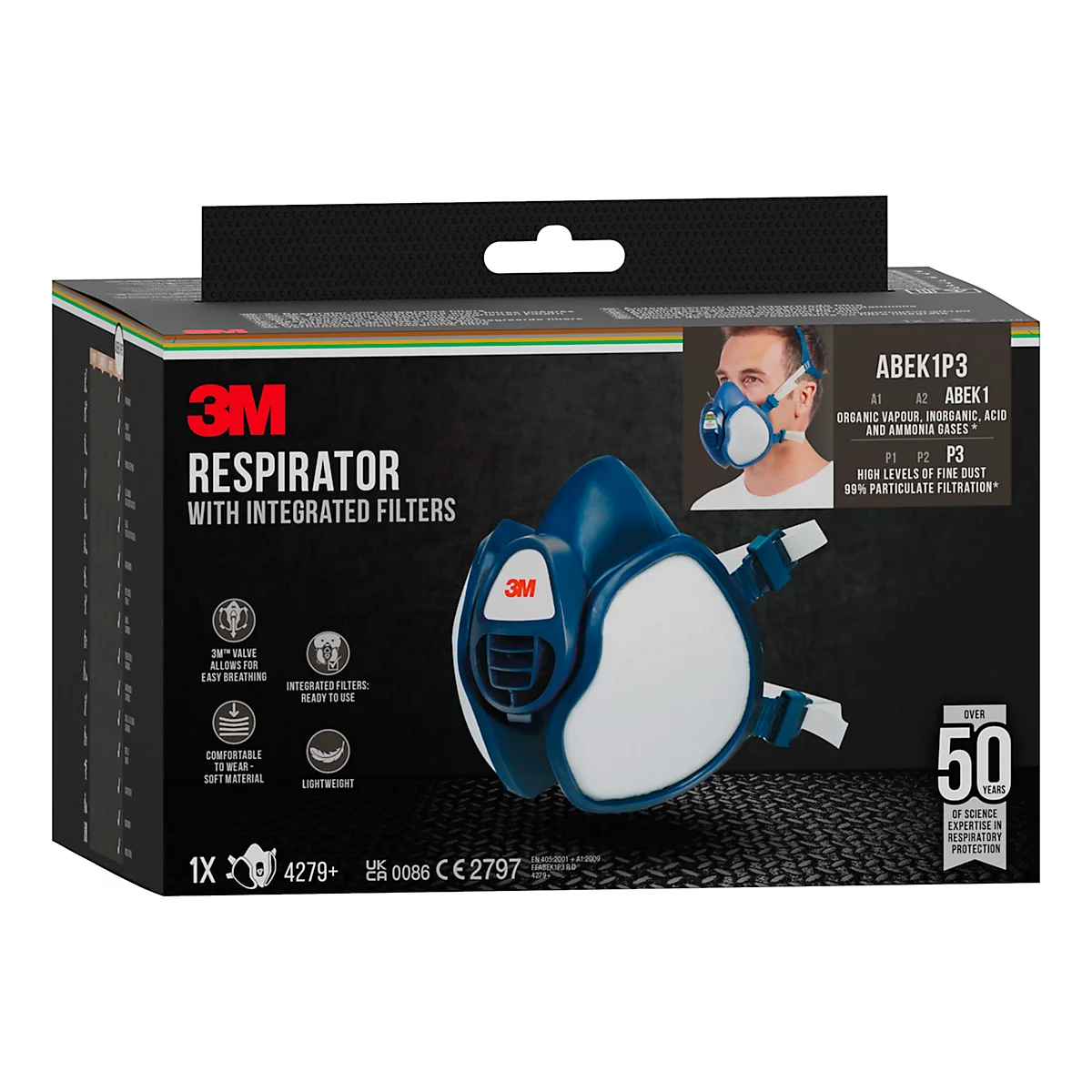 Eine 3M Atemschutzmaske in einer blauen und weissen Box, mit Produktinformationen und einem Bild des Produkts.