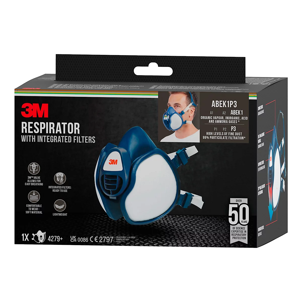 Atemschutzmaske 3M auf Verpackung, Produktabbildung. Blau-weisses Design, Markenlogo, Produktinformationen.