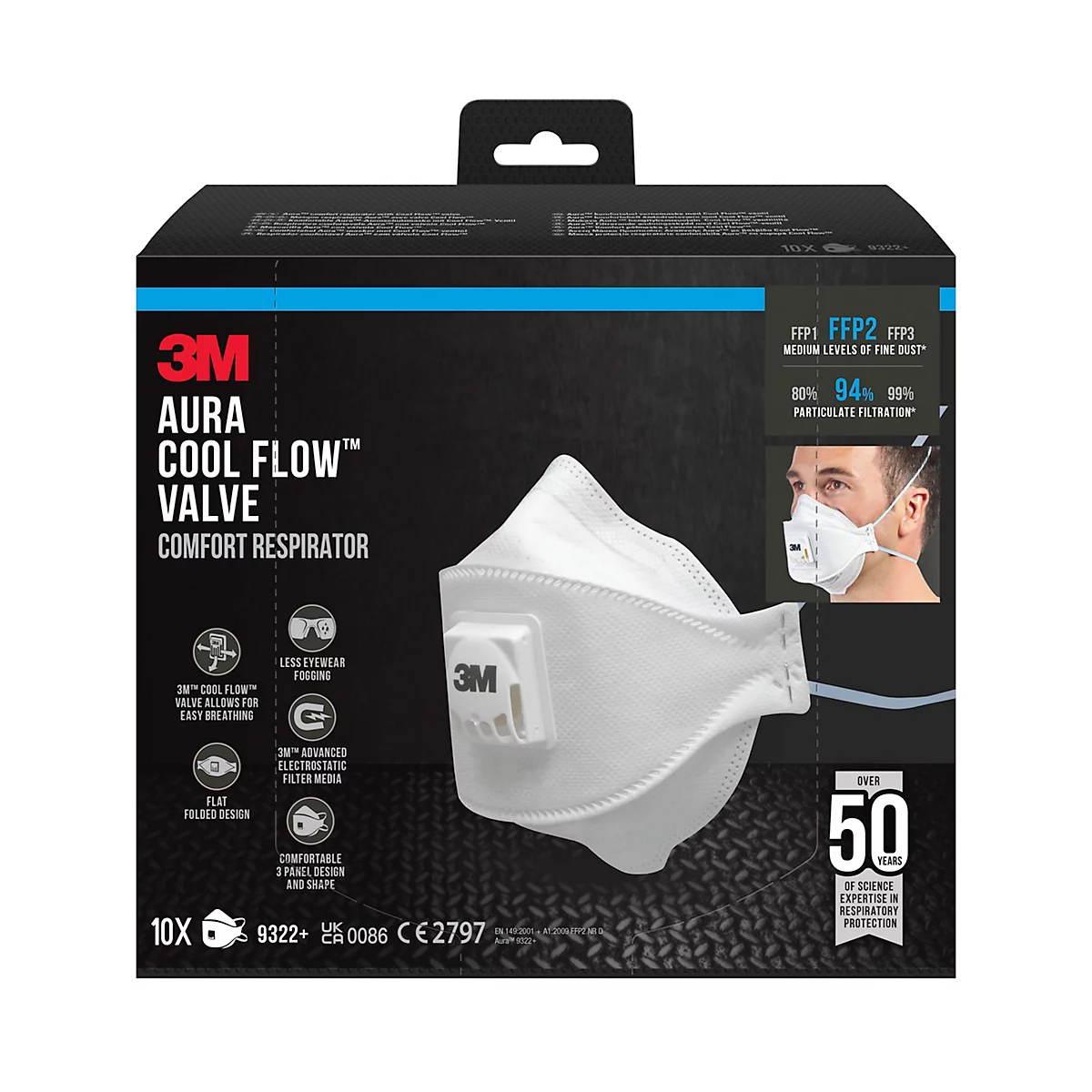 Schwarze Verpackung mit einer weißen Atemschutzmaske. Auf der Verpackung sind Produktinformationen und das 3M-Logo abgebildet.