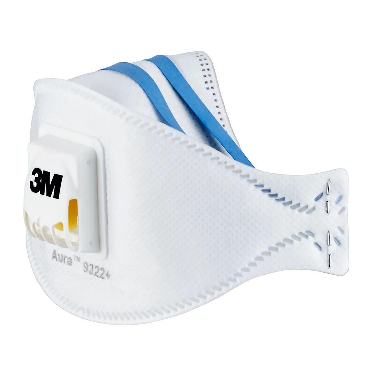 Verpackung einer 3M Aura Cool Flow Atemschutzmaske mit FFP2-Filterung und einem Mann mit Maske.