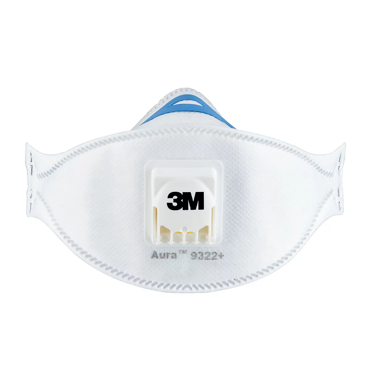Weiße 3M Aura Cool Flow Atemschutzmaske in Verpackung. Aufgedruckter Text, wie FFP2, 94% Partikelfiltration.