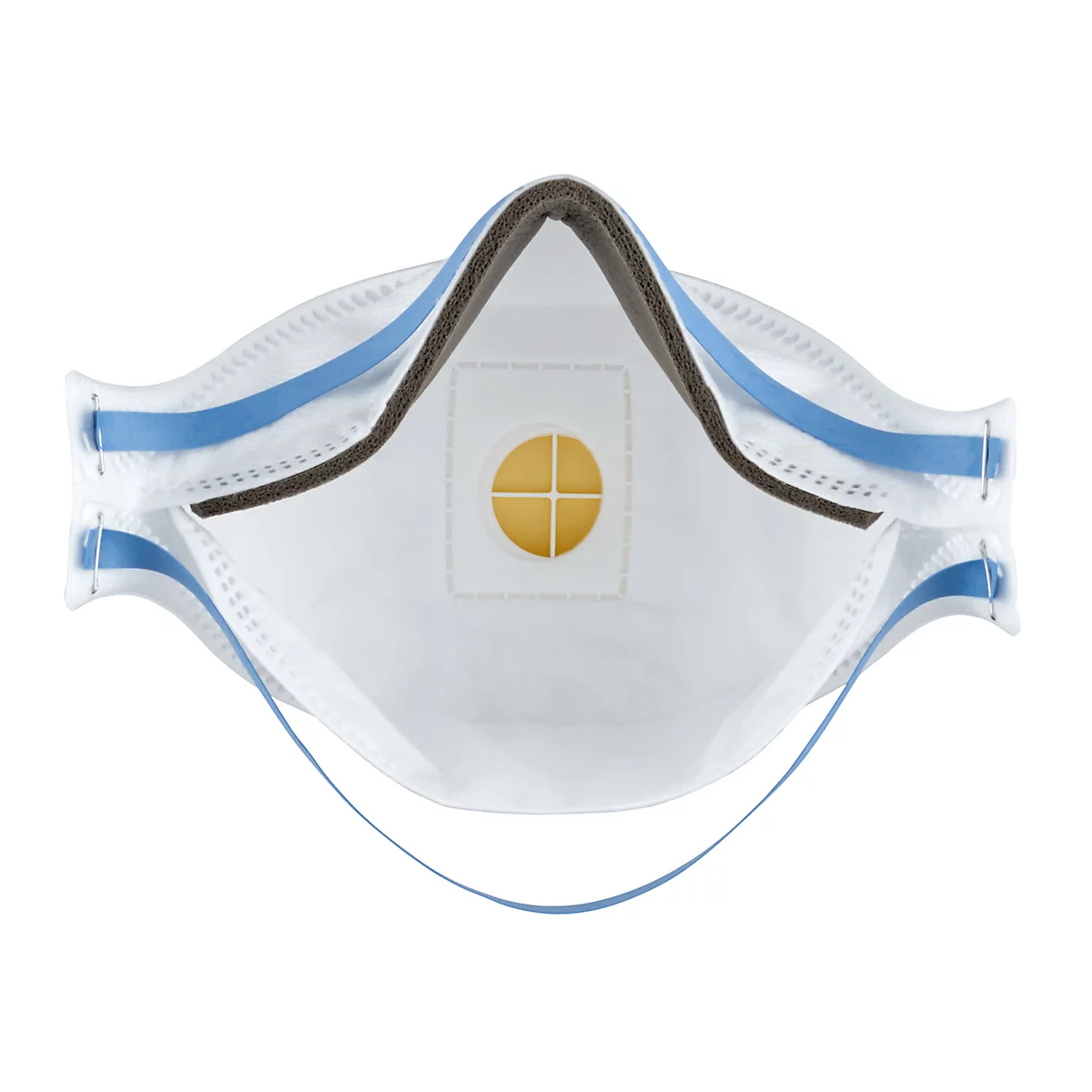 Weiße Atemschutzmaske mit blauen Bändern und einem Ventil. 3M-Logo sichtbar.