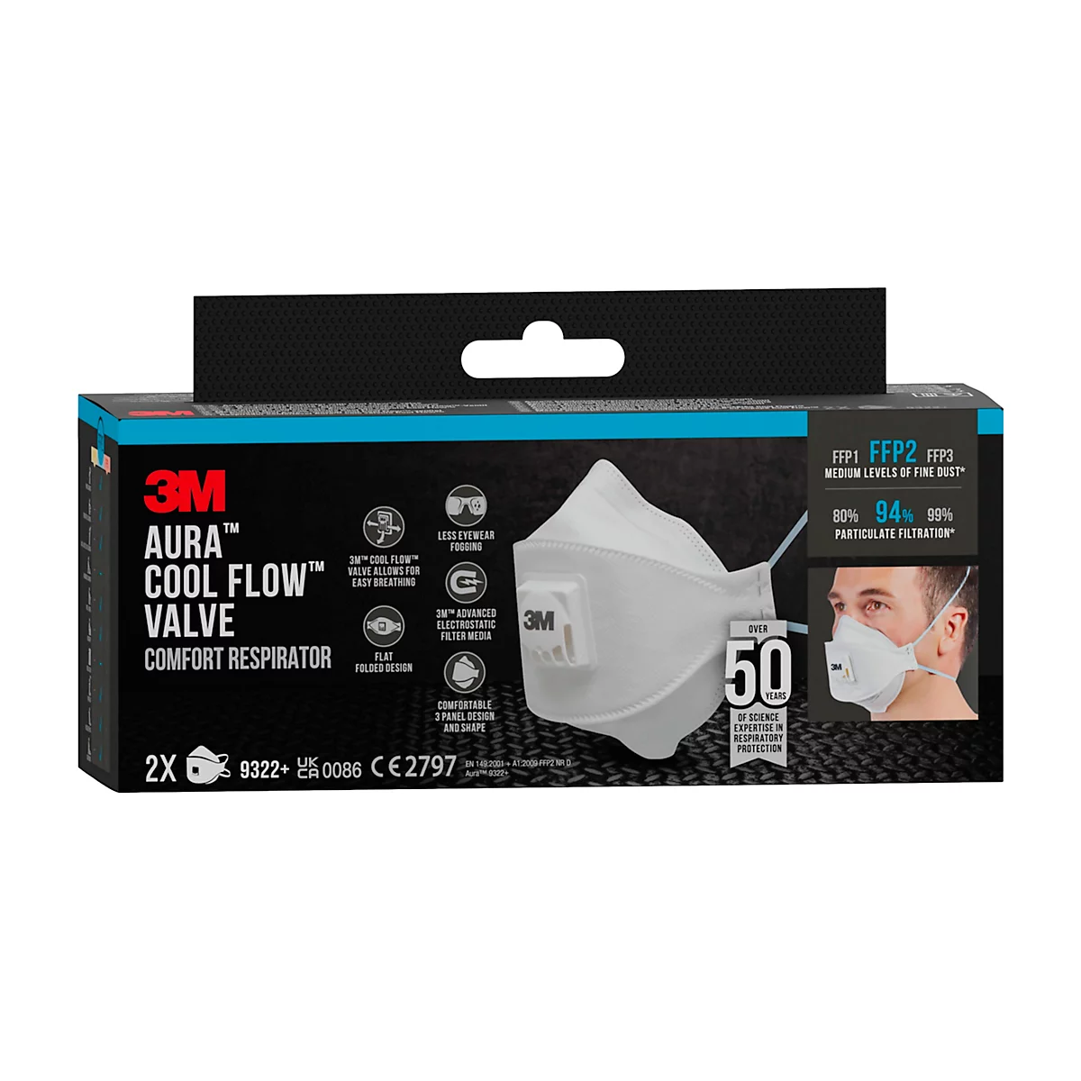 Zwei weiße 3M Atemschutzmasken. Auf jeder Maske ist das 3M-Logo aufgedruckt.