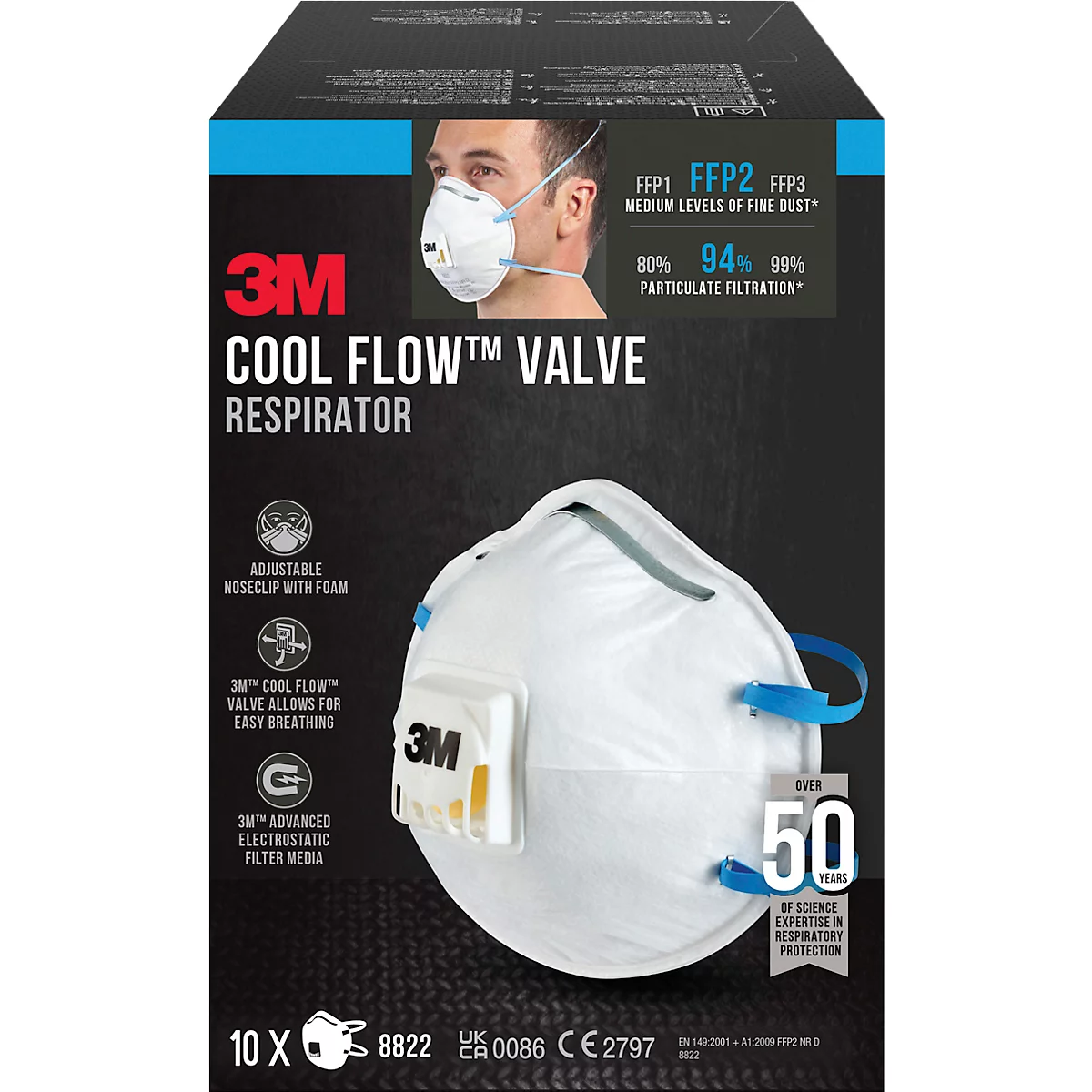 Atemschutzmaske 3M Cool Flow 8822, Einweg, Typ Partikelmaske FFP2, EN 149:2001 + A1:2009, mit Ventil, Polypropylen, weiß, 10 Stück