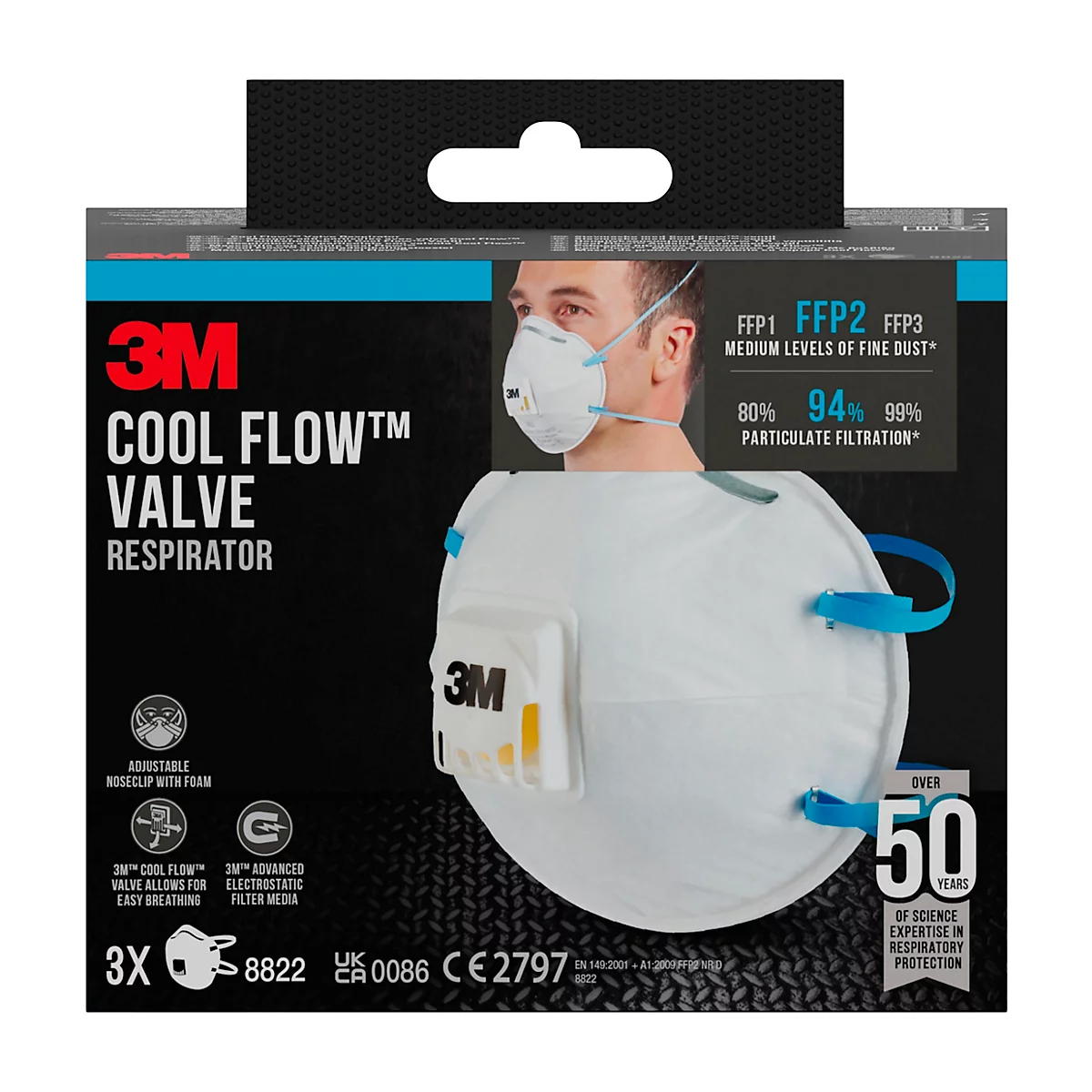 Die Verpackung für eine 3M Cool Flow Atemschutzmaske zeigt die Maske und einen Mann, der sie trägt. Text zeigt Angaben zu Schutzklassen.