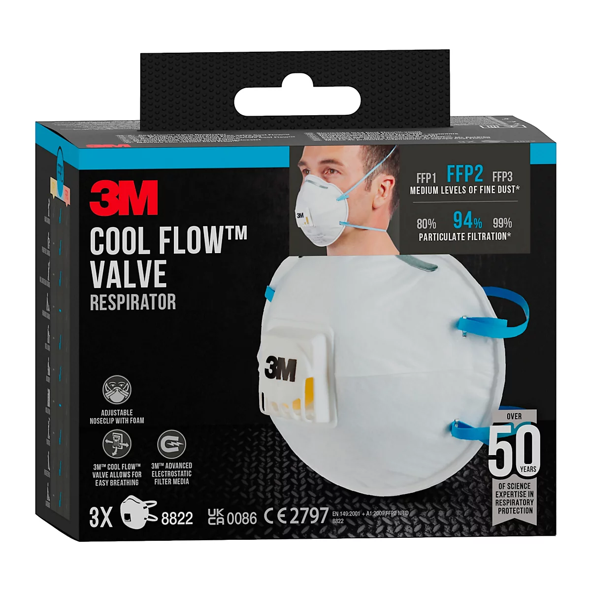 Atemschutzmaske mit Ventil und Packung. Aufgedruckter Text: 3M Cool Flow, FFP2, 94% Partikelfiltration.